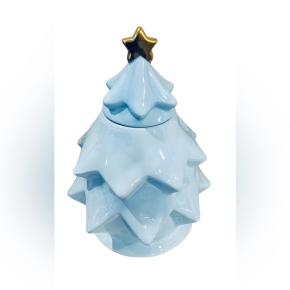 NEW Rae Dunn Peace Christmas Tree Light Blue Ceramic Canister Cookie Jar - Picture 4 of 5